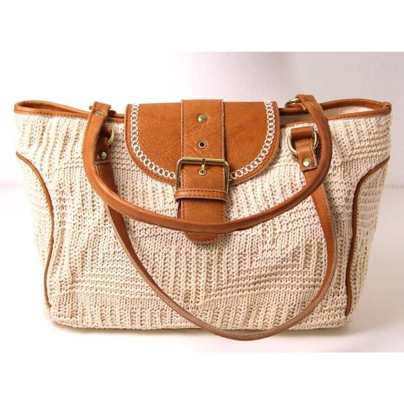 LRG BONFANTI NATURAL KNIT COTTON BROWN GENUINE LEATHER SHOULDER BAG HANDBAG HOBO - Picture 5 of 12